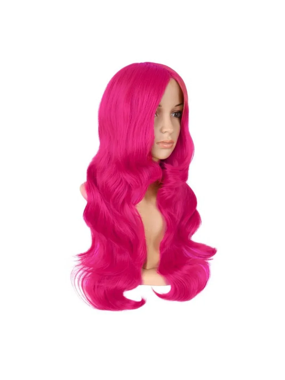 Women's Hot Pink 24 Inch Synthetic Modern Long Wavy Side Bangs Wigs